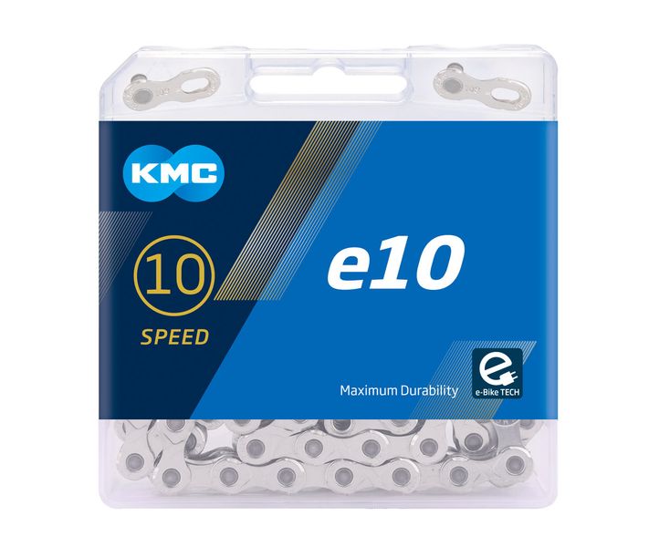 Цепь KMC e10 Silver, 10 скоростей, 122 звена, замок, серебряный E10_S_122 фото