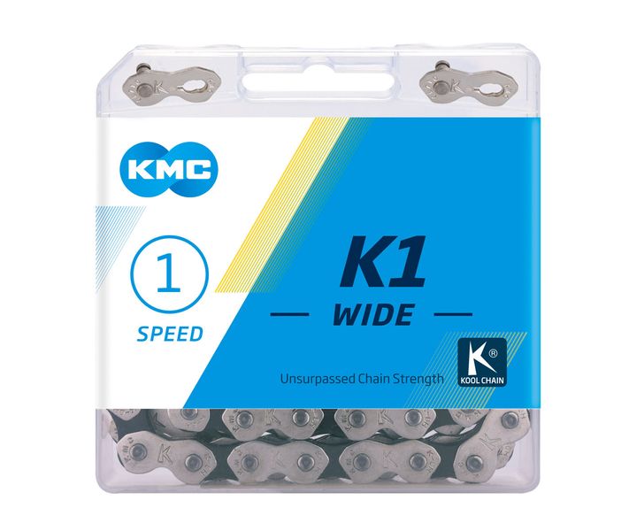 Цепь KMC K1-Wide Silver/Black, 1 скорость, 110 звеньев, серебряный/черный + замок K1-W фото