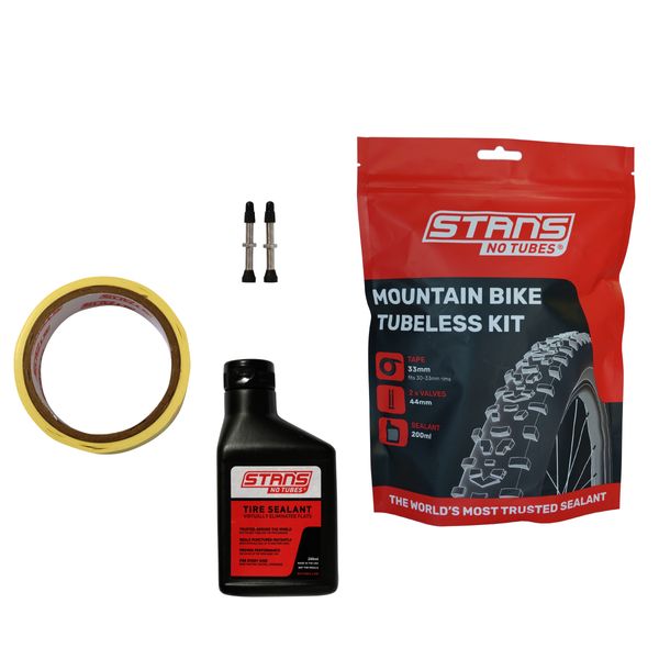 Набір для безкамерної конверсії Stan`s Mountain Tubeless Kit 27 мм (стрічка 21мм, ніпеля 44мм, герметик 200мл) AS0193 фото